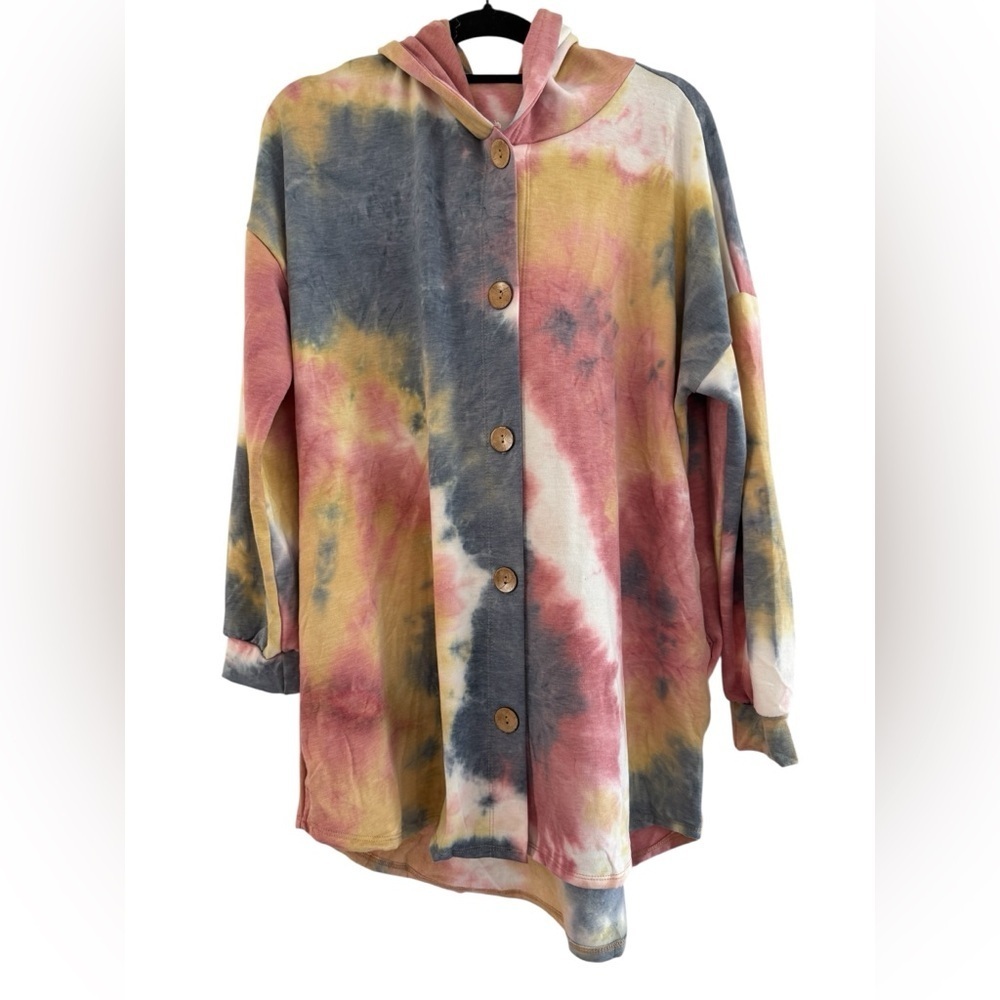Heimish USA Tie-Dye Hooded Cardigan with Wooden Buttons Size Medium